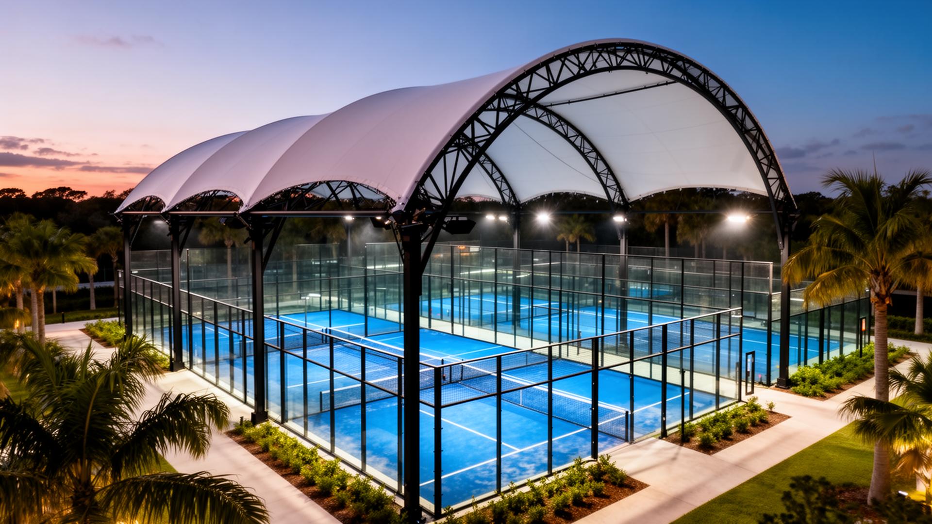 Aerial view of outdoor padel courts with white canopies at sunset